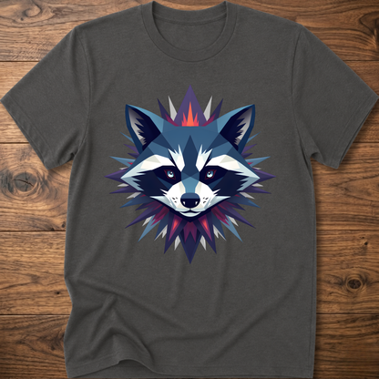 Charcoal raccoon graphic t-shirt with colorful galaxy raccoon face front print