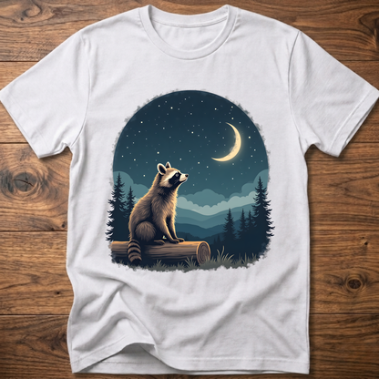 T-shirt with moon raccoon graphic, white crew neck short sleeves