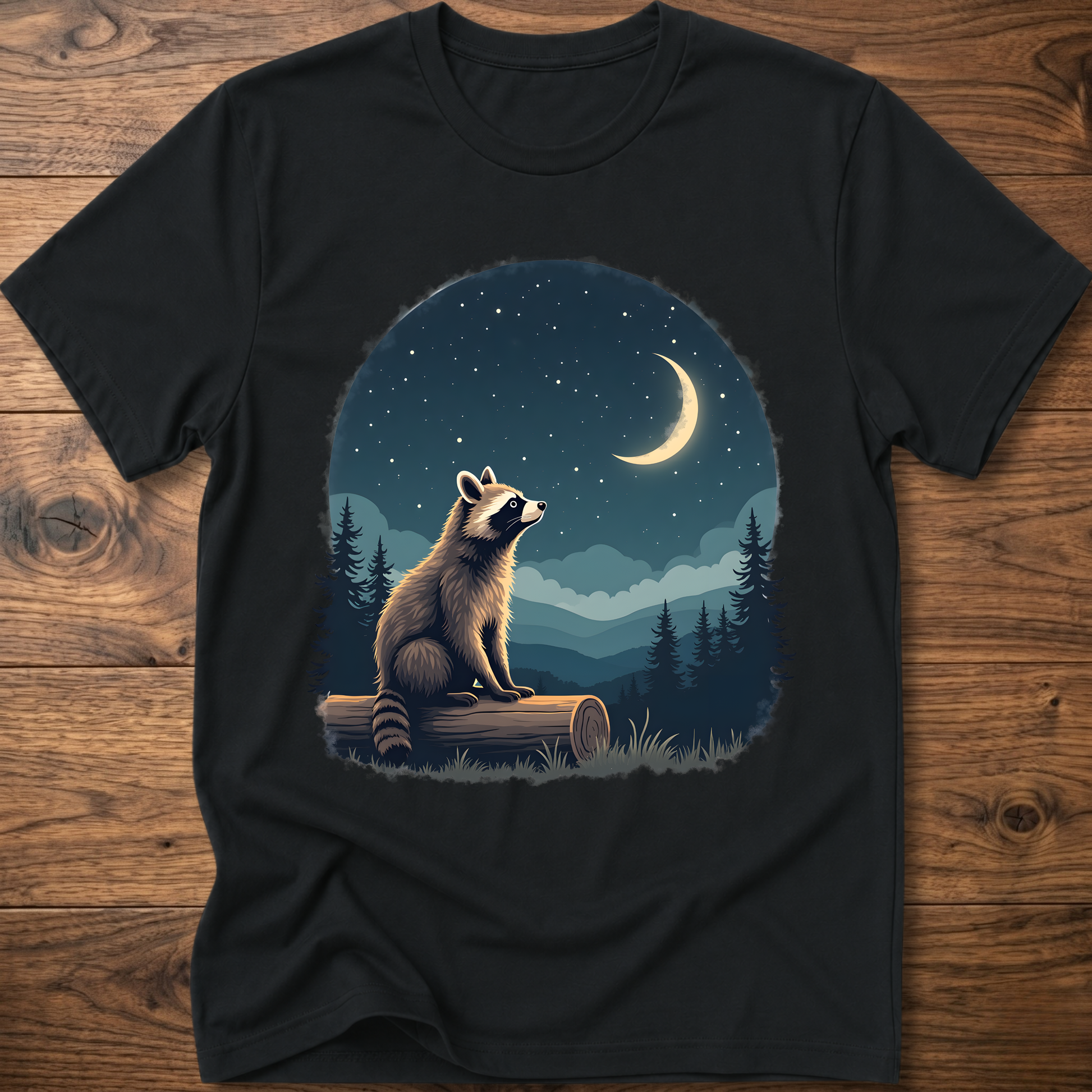 T-shirt with moon raccoon graphic, black crew neck short sleeves