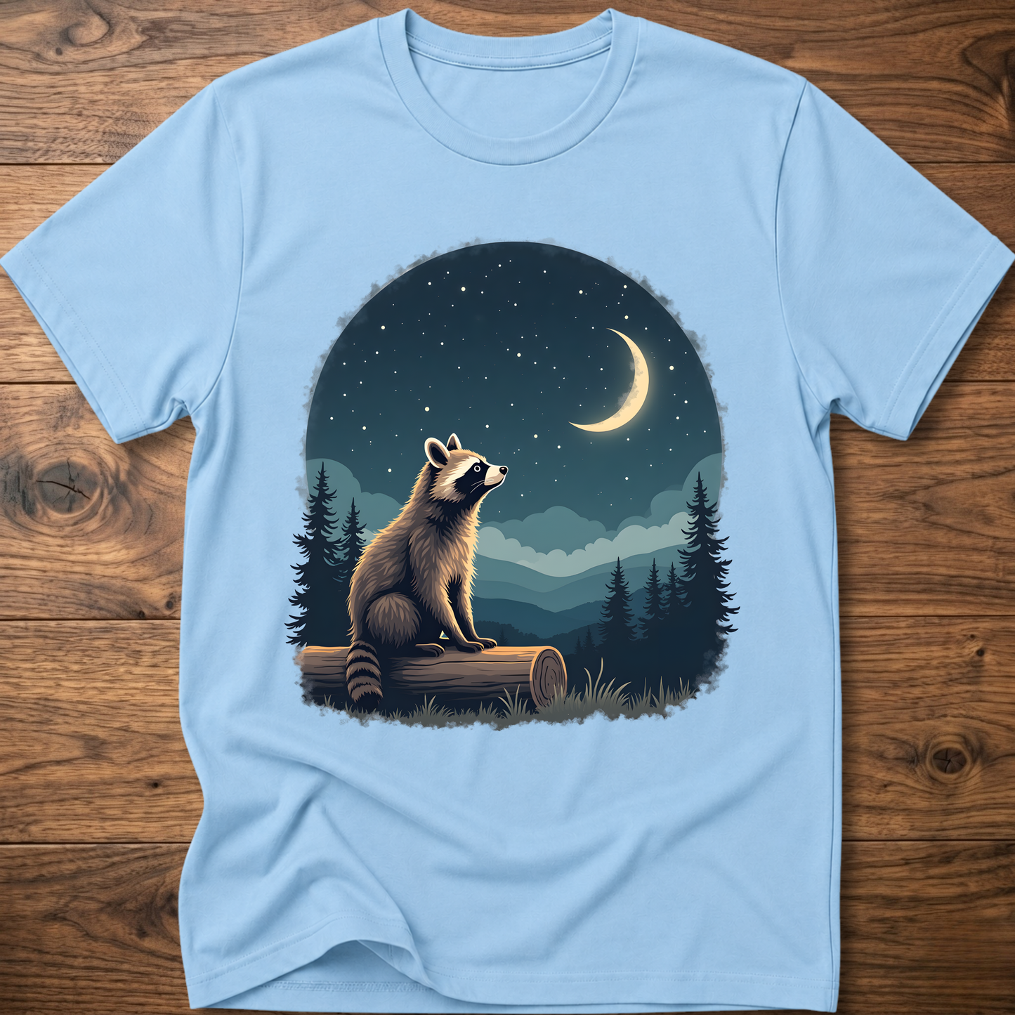 T-shirt with moon raccoon graphic, light blue crew neck short sleeves