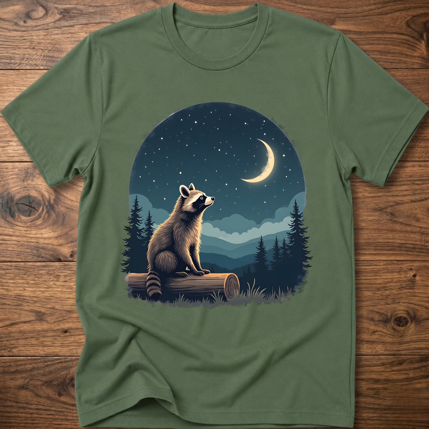 T-shirt with moon raccoon graphic, olive green crew neck short sleeves