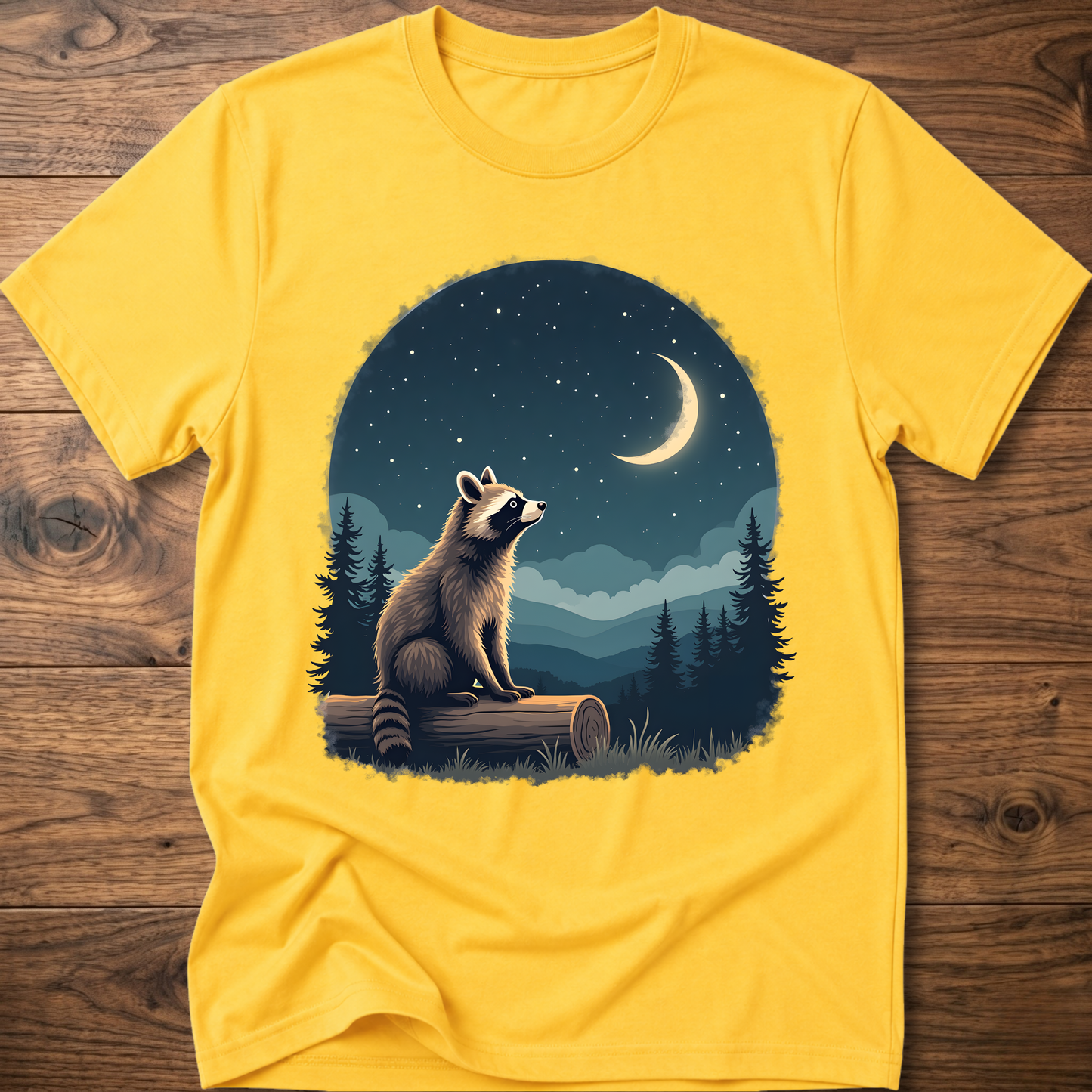 T-shirt with moon raccoon graphic, yellow crew neck short sleeves