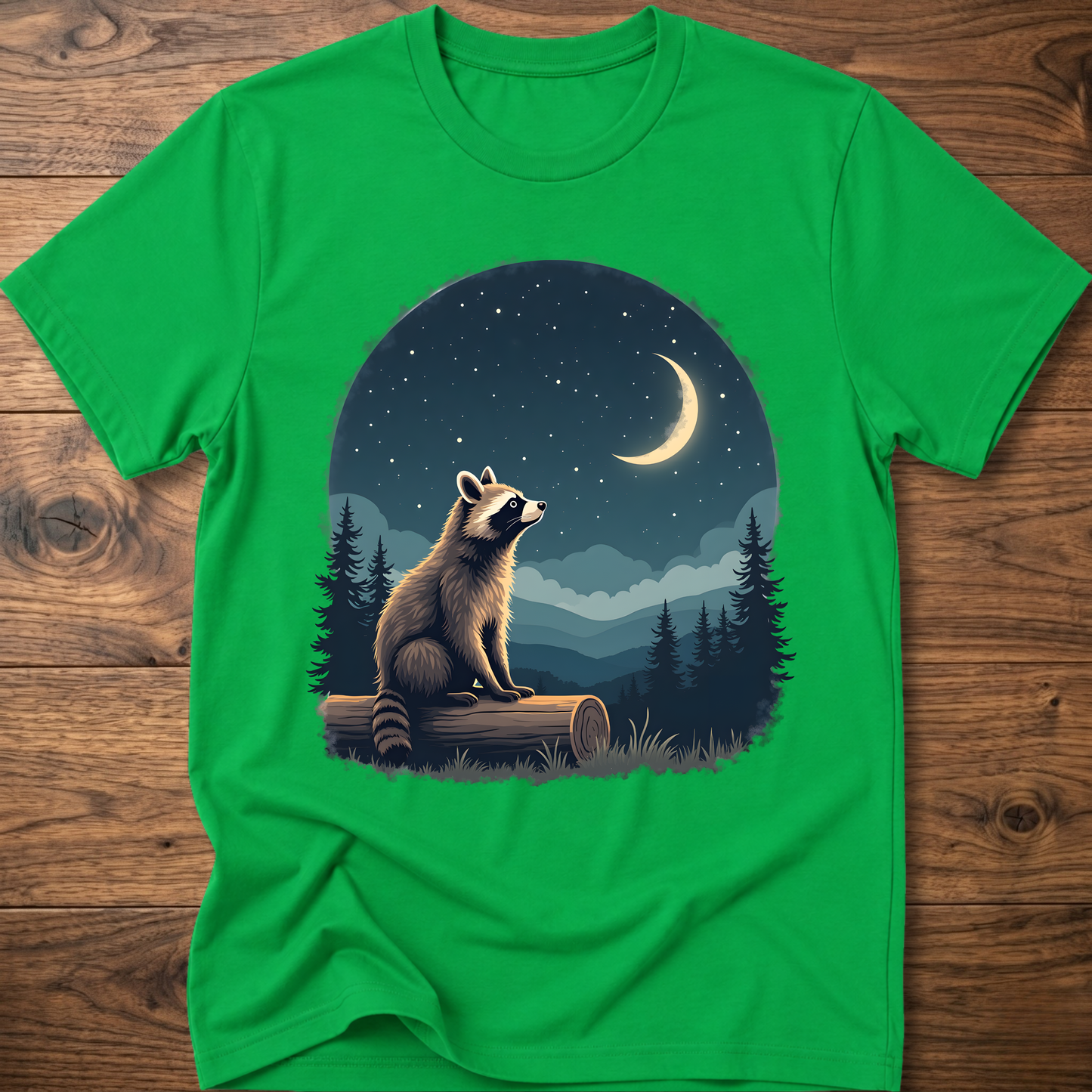 T-shirt with moon raccoon graphic, bright green crew neck short sleeves