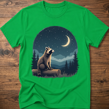 T-shirt with moon raccoon graphic, bright green crew neck short sleeves