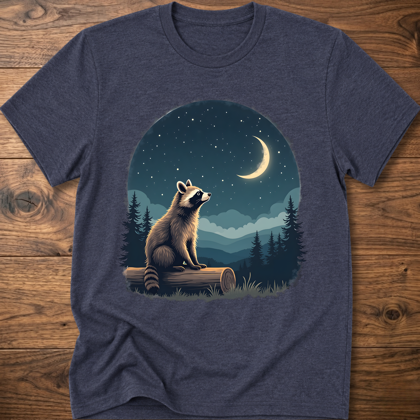 T-shirt with moon raccoon graphic, navy heather crew neck short sleeves