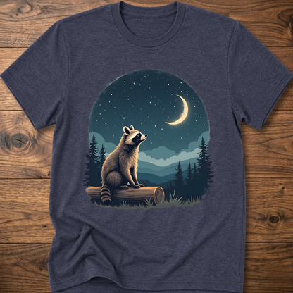 T-shirt with moon raccoon graphic, navy heather crew neck short sleeves
