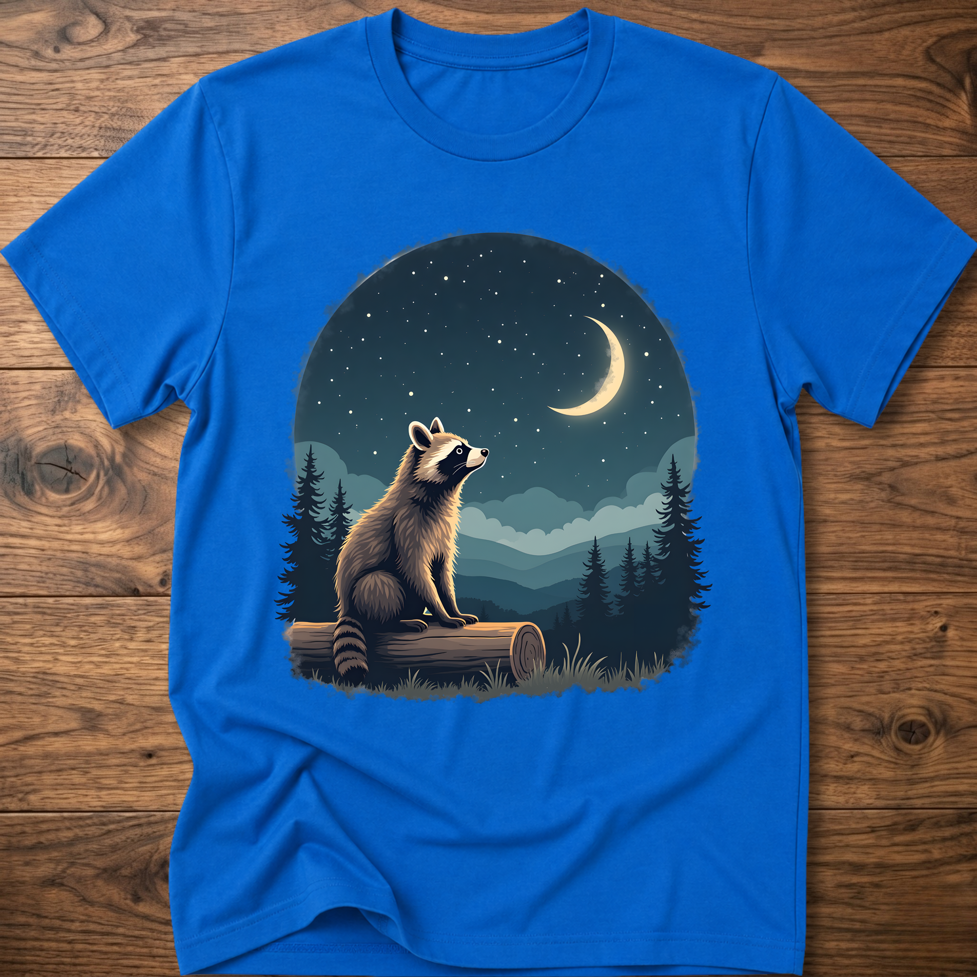 T-shirt with moon raccoon graphic, royal blue crew neck short sleeves