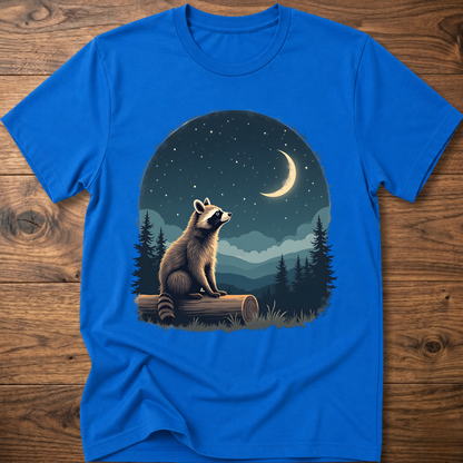 T-shirt with moon raccoon graphic, royal blue crew neck short sleeves