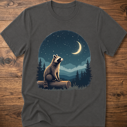T-shirt with moon raccoon graphic, dark gray crew neck short sleeves