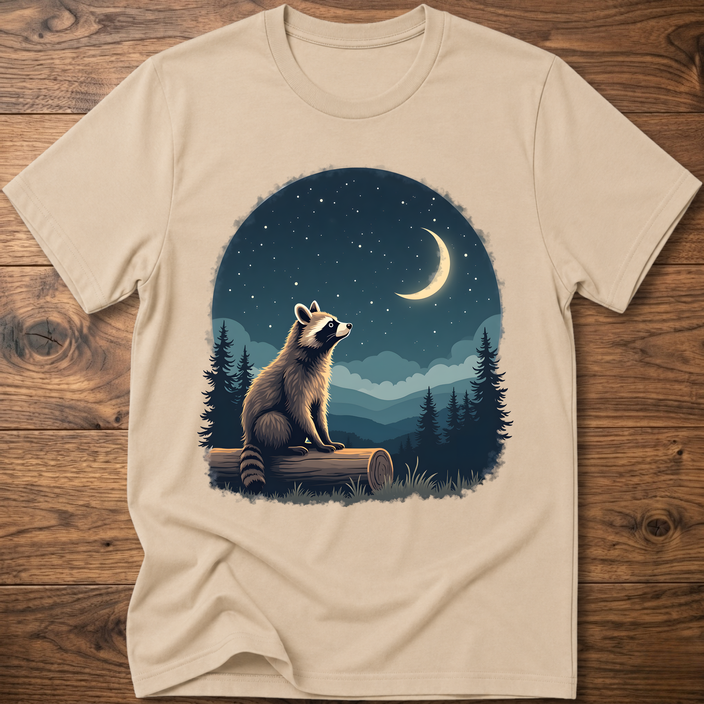 T-shirt with moon raccoon graphic, light beige crew neck short sleeves