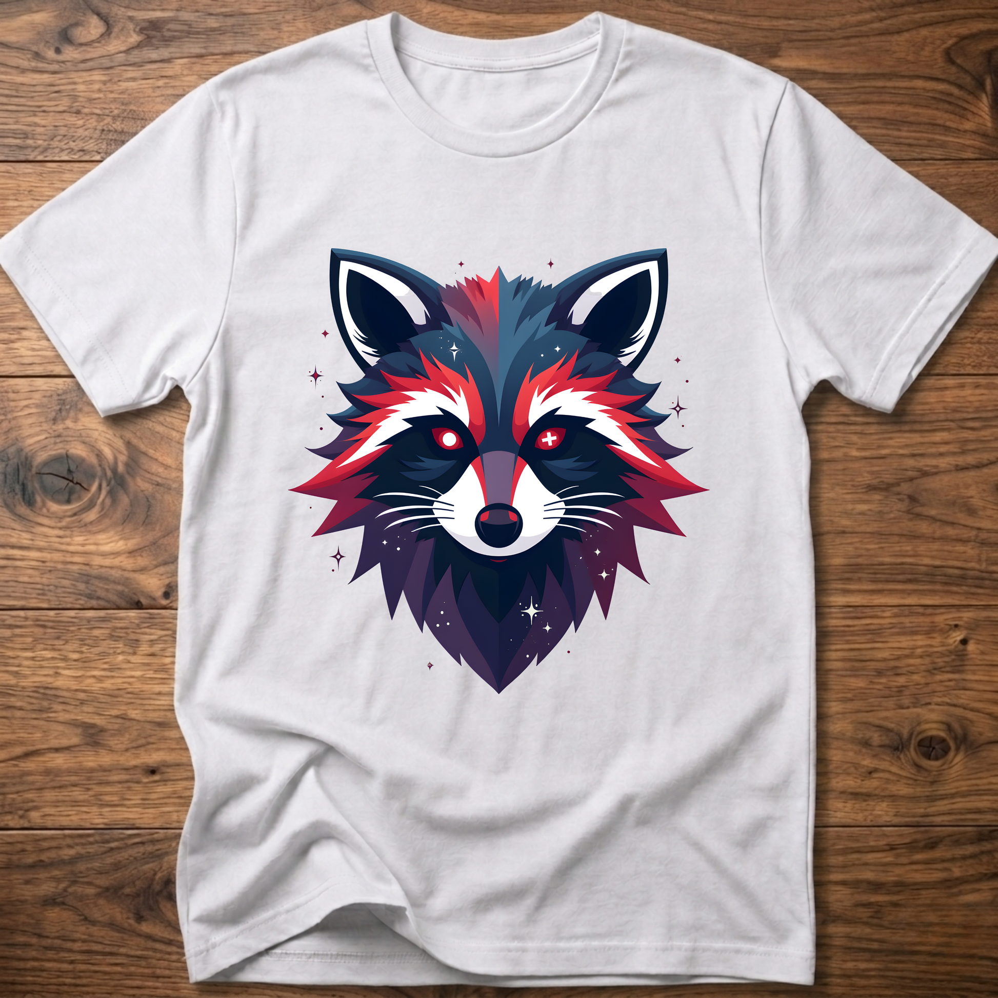 White T-shirt with colorful geometric raccoon face graphic, short sleeves, crew neck