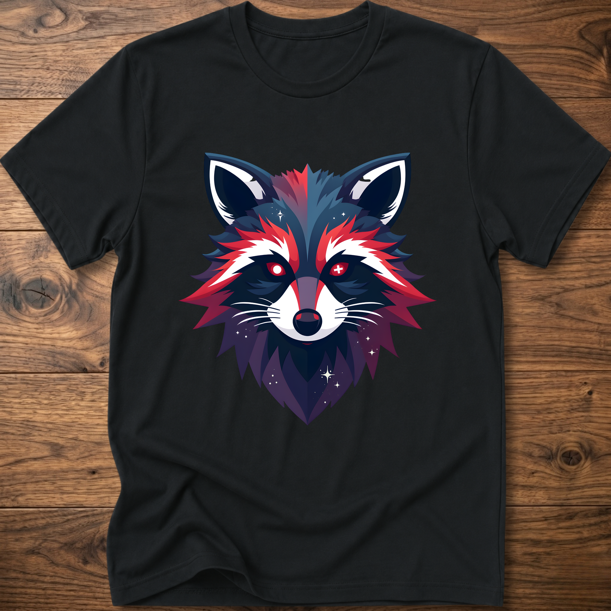 Black T-shirt with colorful geometric raccoon face graphic, short sleeves, crew neck