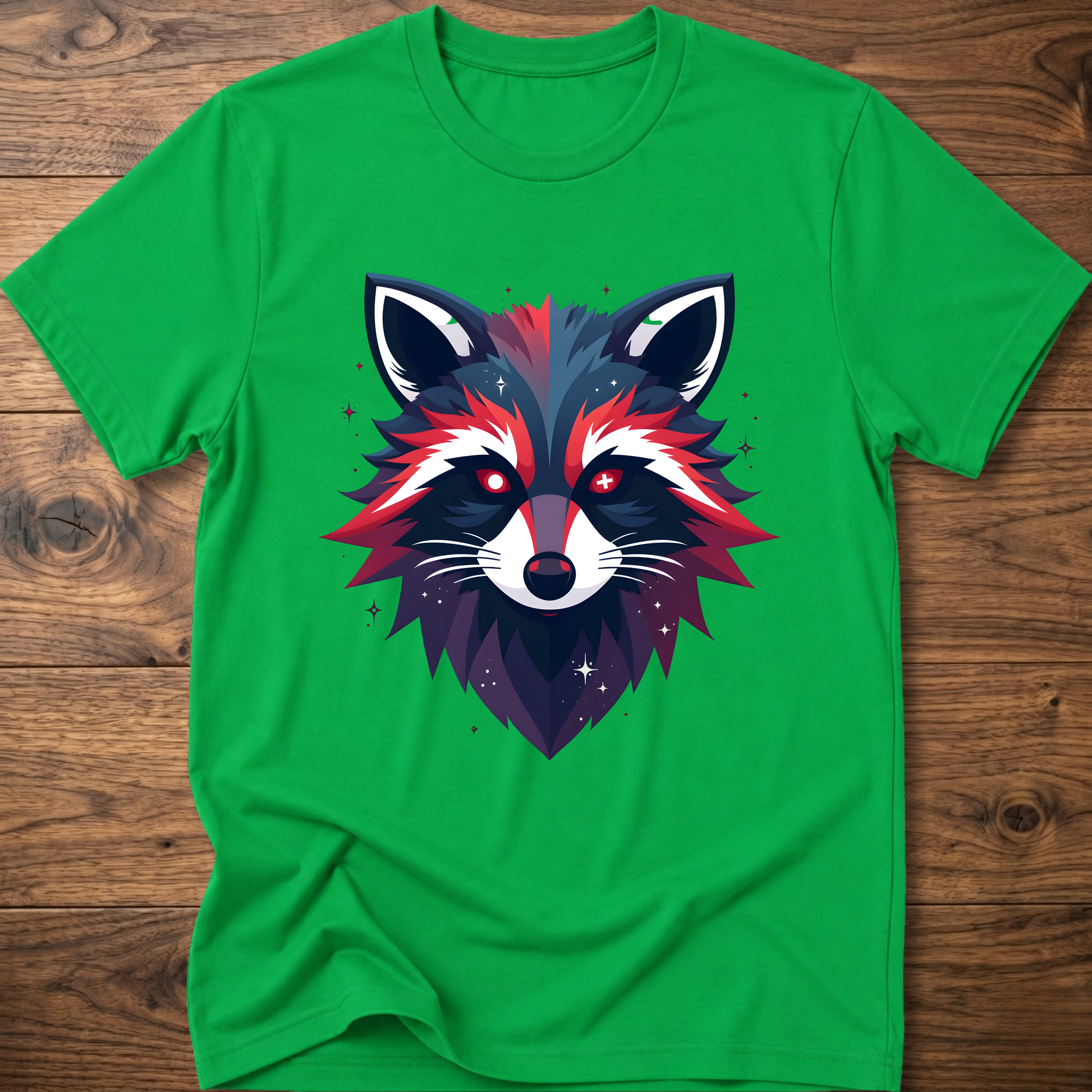 Green T-shirt with colorful geometric raccoon face graphic, short sleeves, crew neck