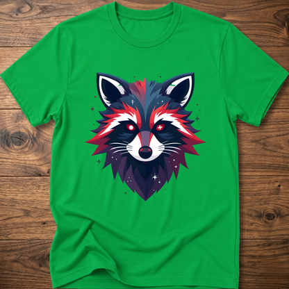 Green T-shirt with colorful geometric raccoon face graphic, short sleeves, crew neck
