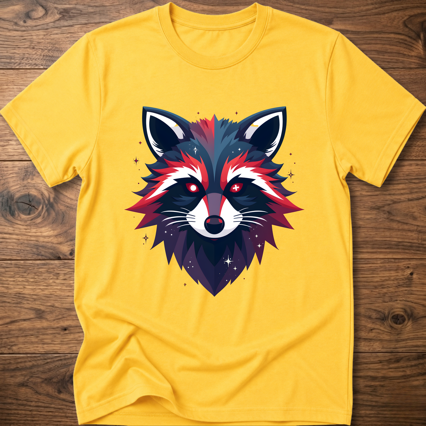 Daisy yellow T-shirt with colorful geometric raccoon face graphic, short sleeves, crew neck