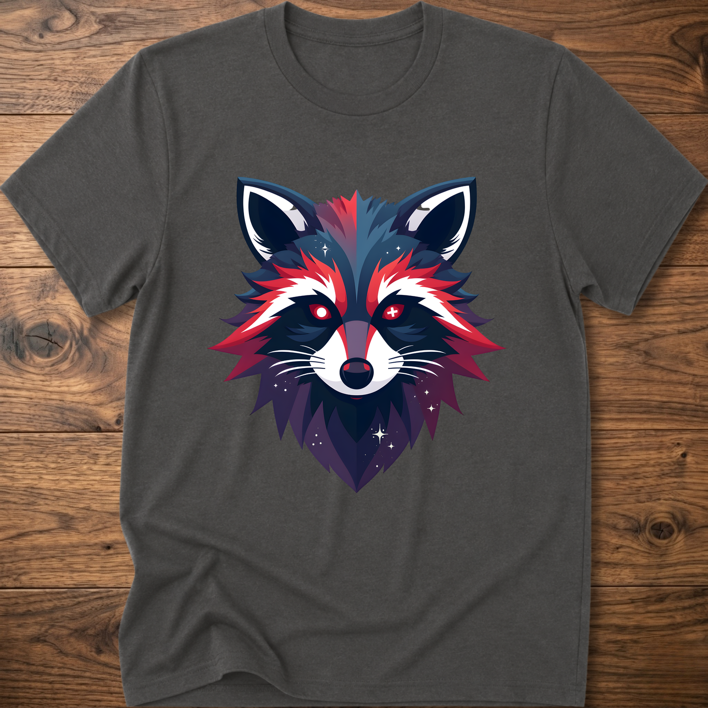 Charcoal T-shirt with colorful geometric raccoon face graphic, short sleeves, crew neck