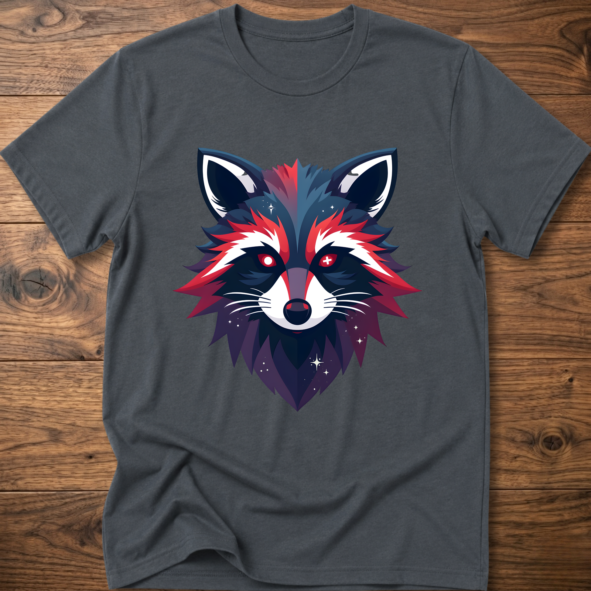 Dark gray T-shirt with colorful geometric raccoon face graphic, short sleeves, crew neck