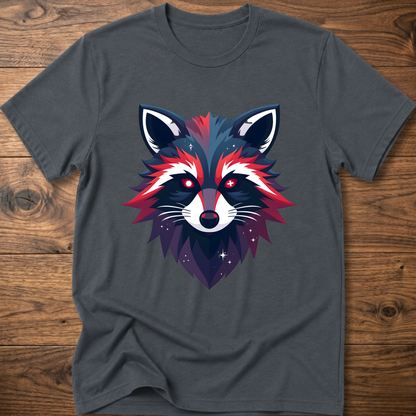 Dark gray T-shirt with colorful geometric raccoon face graphic, short sleeves, crew neck
