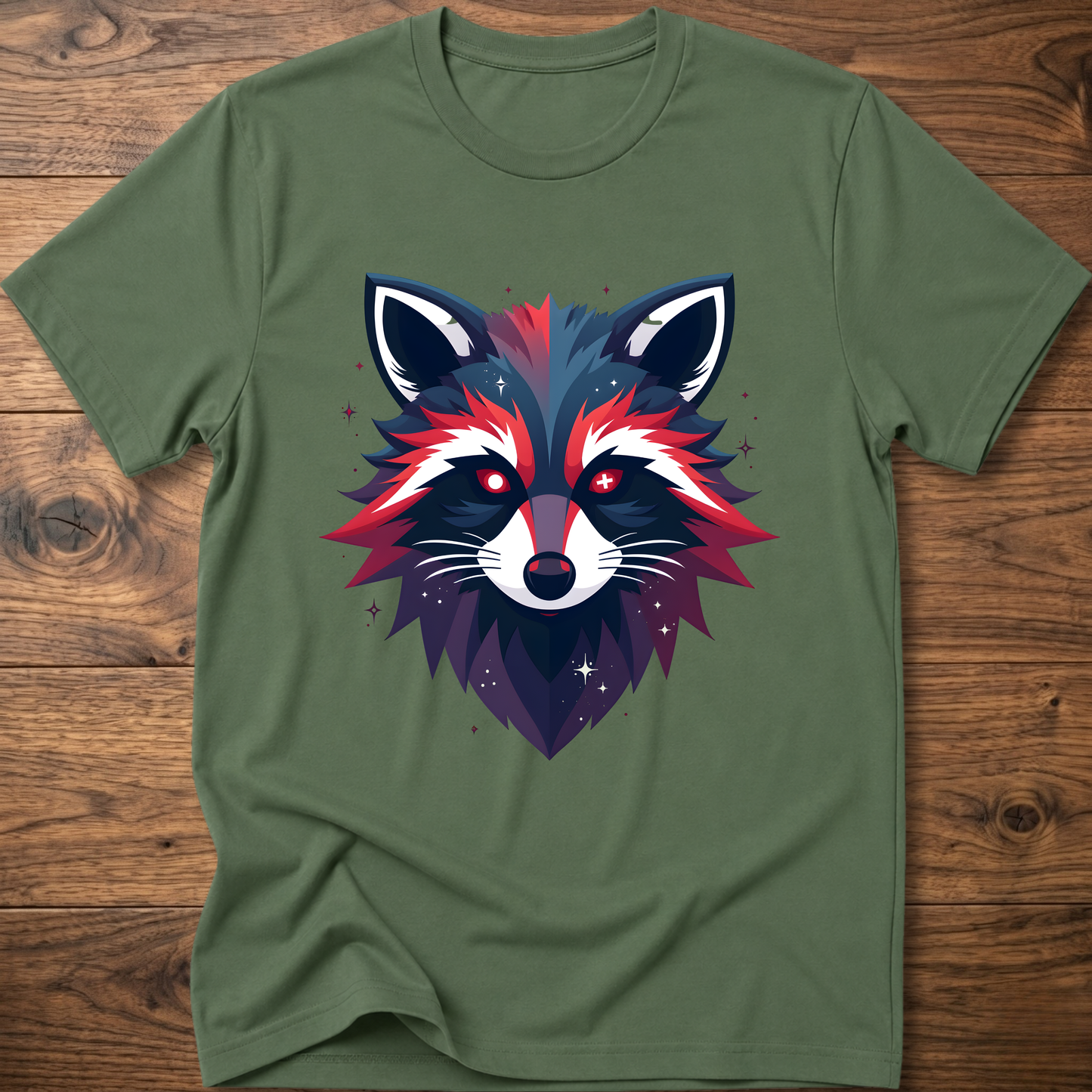 Military green T-shirt with colorful geometric raccoon face graphic, short sleeves, crew neck