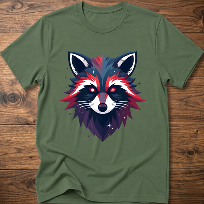 Military green T-shirt with colorful geometric raccoon face graphic, short sleeves, crew neck