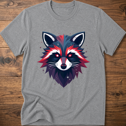 Light gray T-shirt with colorful geometric raccoon face graphic, short sleeves, crew neck
