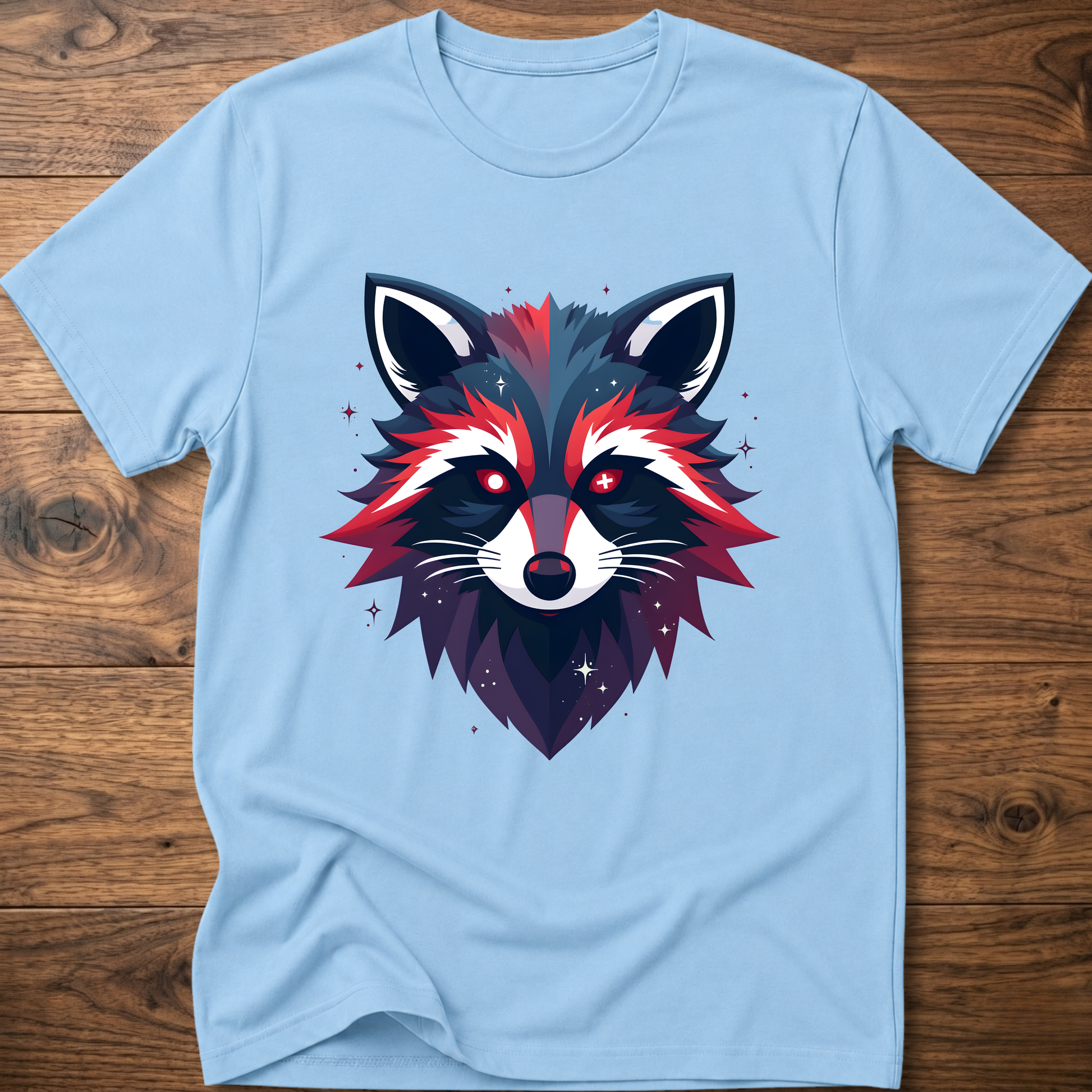 Light blue T-shirt with colorful geometric raccoon face graphic, short sleeves, crew neck