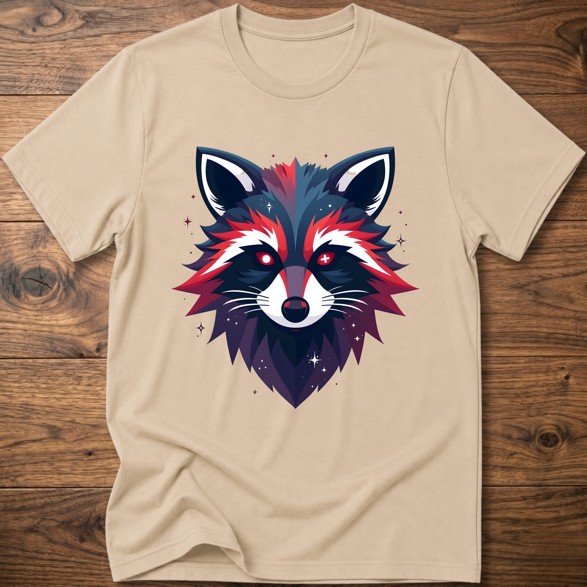 Sand T-shirt with colorful geometric raccoon face graphic, short sleeves, crew neck