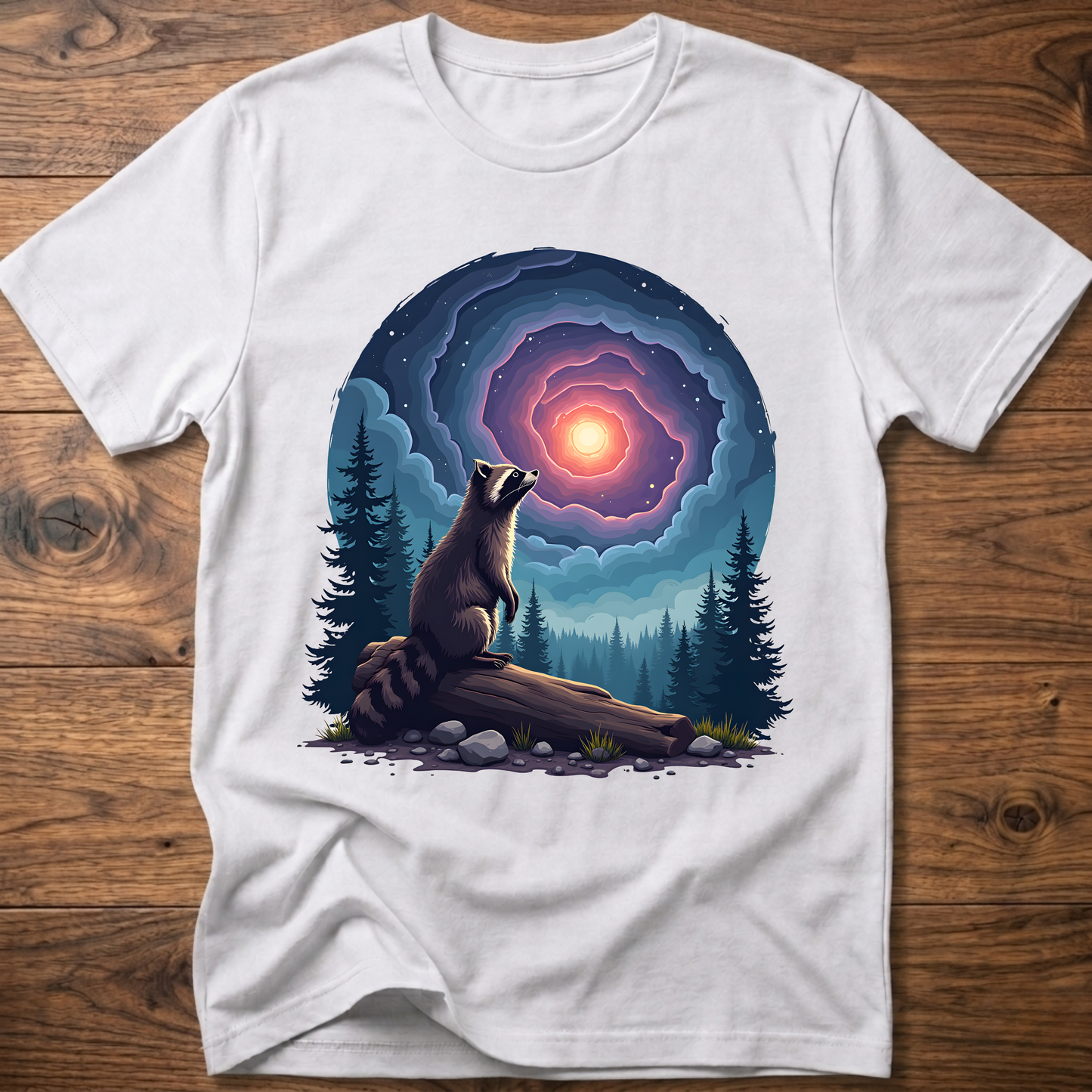 White t-shirt with galaxy raccoon graphic, glowing portal over forest scene