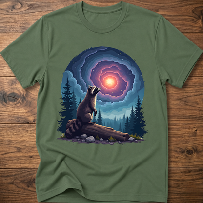 Green t-shirt with galaxy raccoon graphic, glowing portal and forest trees