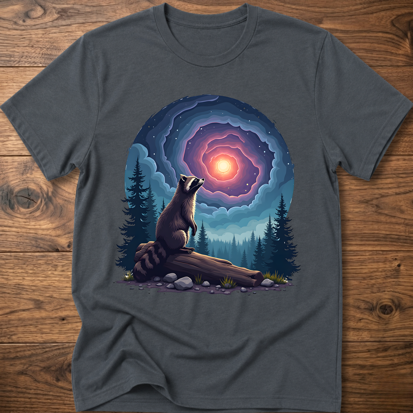 Dark gray t-shirt with galaxy raccoon graphic, glowing portal over woodland scene