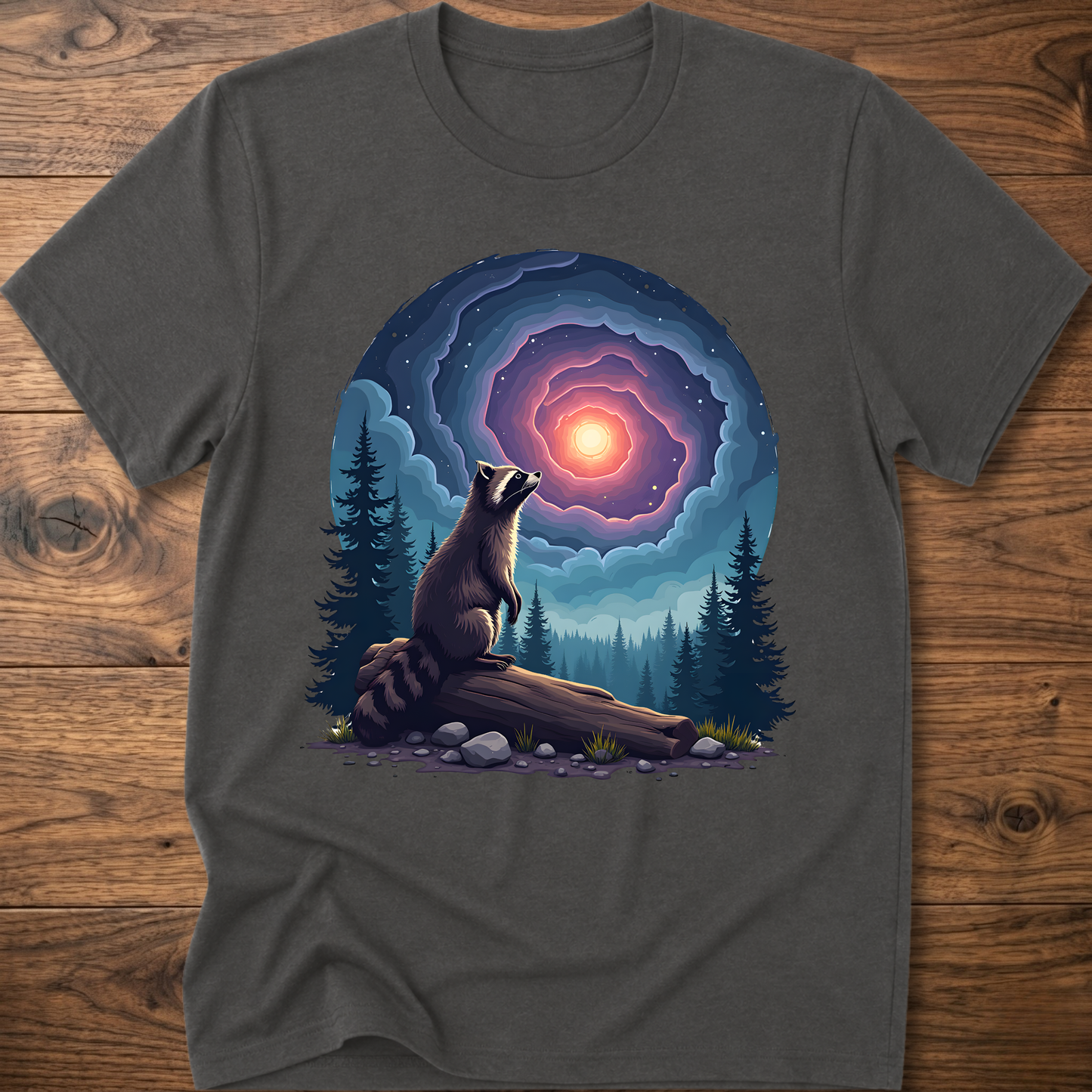 Charcoal-gray t-shirt with galaxy raccoon graphic, glowing portal above pines
