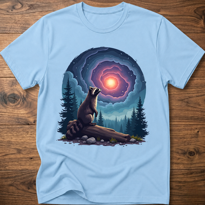 Light blue t-shirt with galaxy raccoon graphic, glowing portal and forest trees