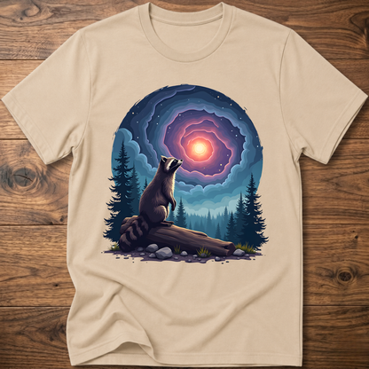 Beige t-shirt with galaxy raccoon graphic, glowing portal and dark forest