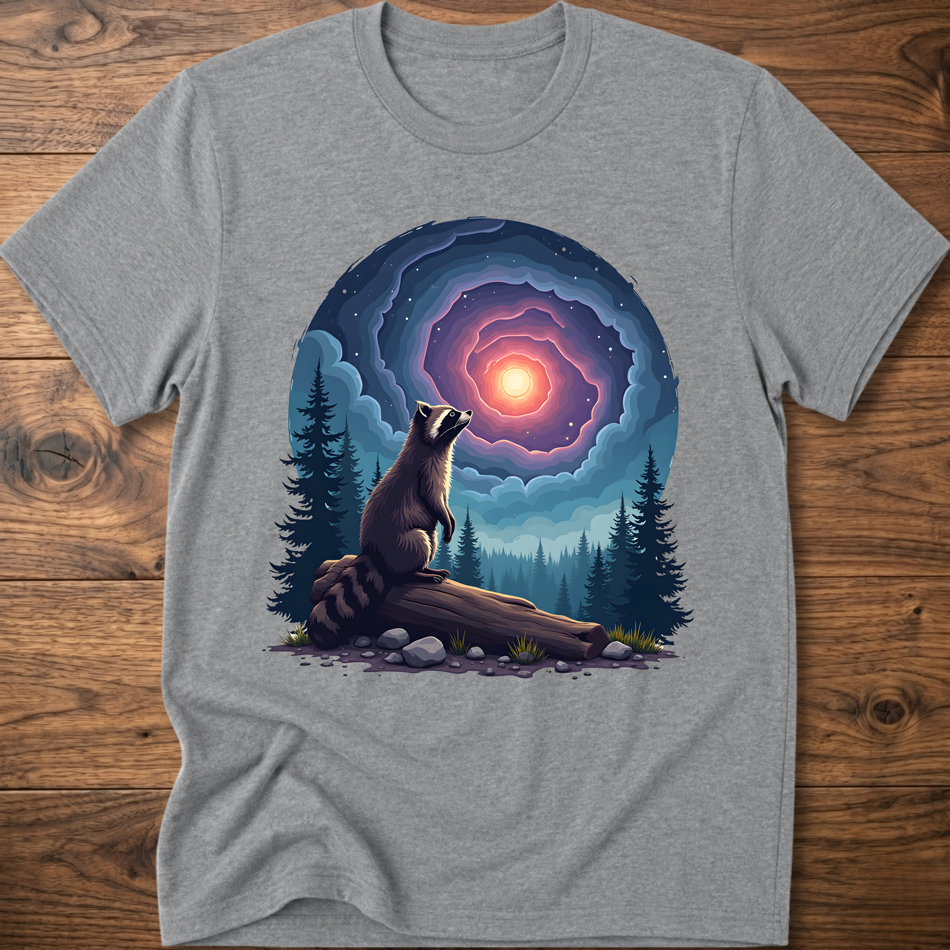 Light gray t-shirt with galaxy raccoon graphic, glowing portal over pine trees
