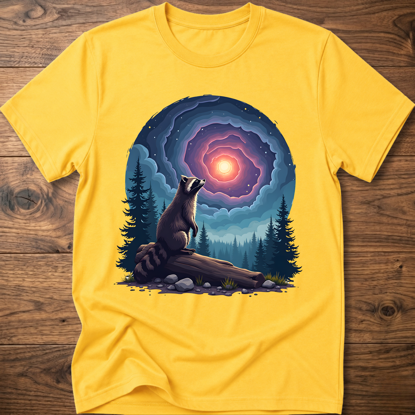 Yellow t-shirt with galaxy raccoon graphic, glowing portal and night forest