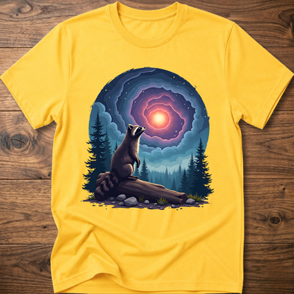 Yellow t-shirt with galaxy raccoon graphic, glowing portal and night forest