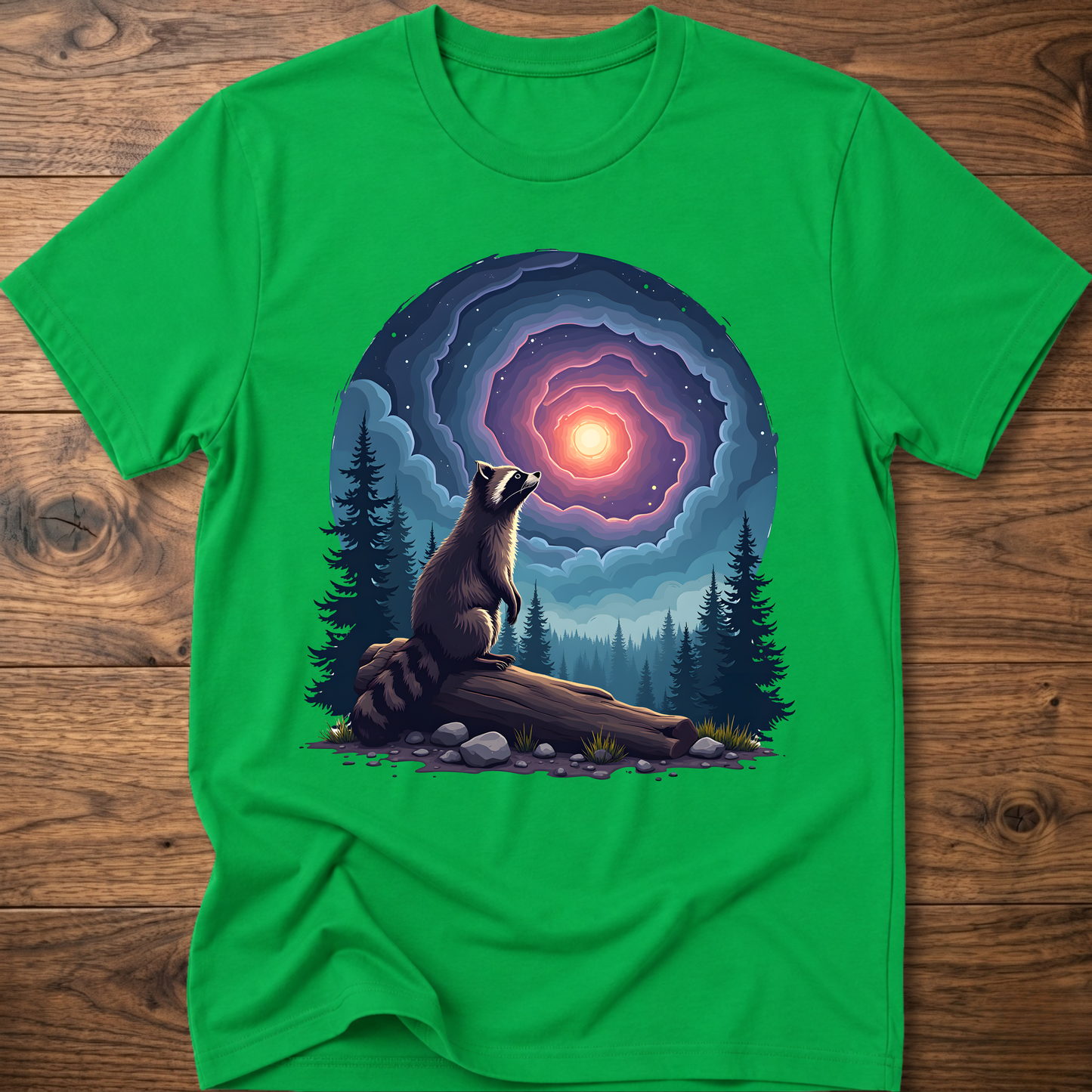 Bright green t-shirt with galaxy raccoon graphic and glowing purple space portal