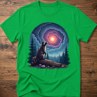 Bright green t-shirt with galaxy raccoon graphic and glowing purple space portal
