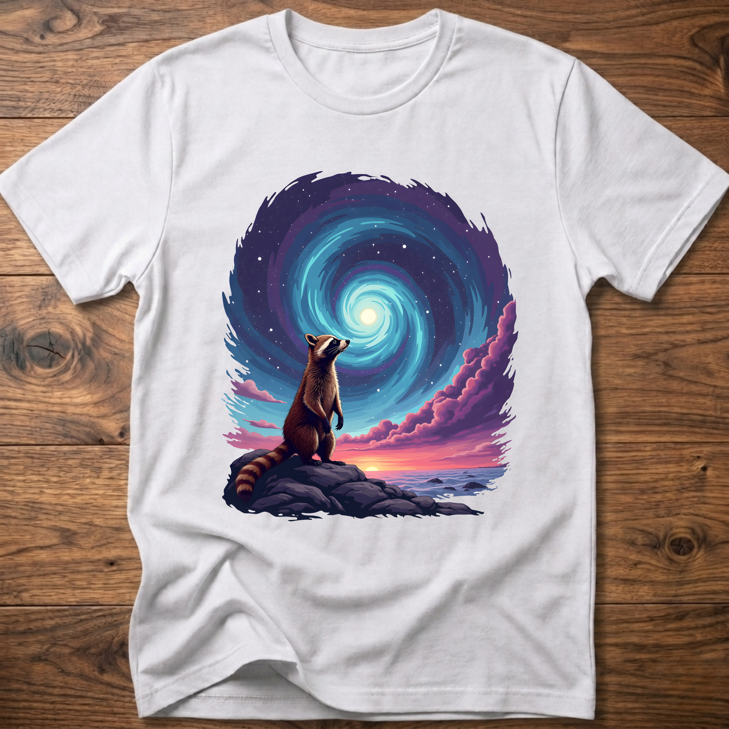 White crew-neck t-shirt with raccoon sitting before blue-purple galaxy swirl graphic