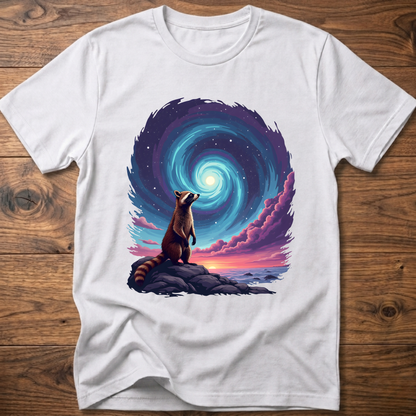 White crew-neck t-shirt with raccoon sitting before blue-purple galaxy swirl graphic