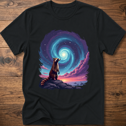 Black crew-neck t-shirt with raccoon sitting before blue-purple galaxy swirl graphic