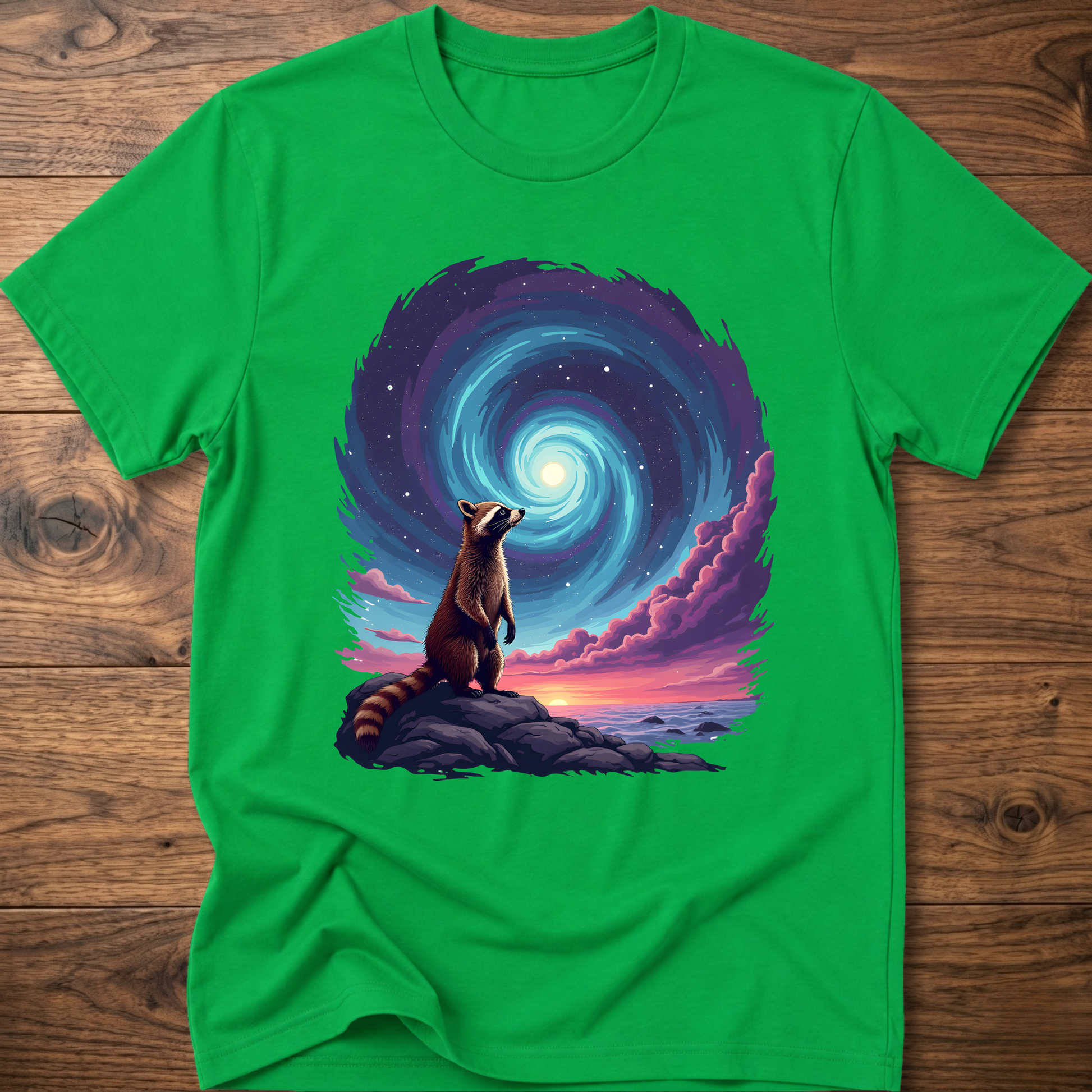 Bright green crew-neck t-shirt with raccoon sitting before blue-purple galaxy swirl graphic