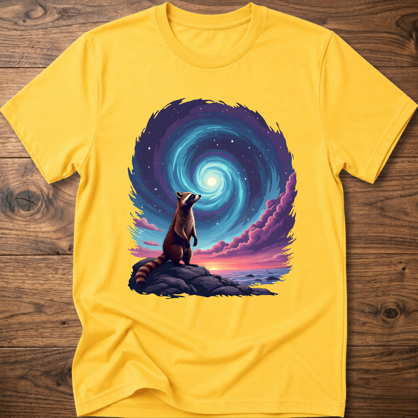Yellow crew-neck t-shirt with raccoon sitting before blue-purple galaxy swirl graphic