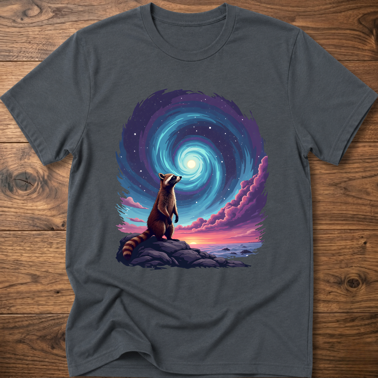 Charcoal gray crew-neck t-shirt with raccoon sitting before blue-purple galaxy swirl graphic