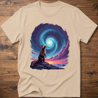 Beige crew-neck t-shirt with raccoon sitting before blue-purple galaxy swirl graphic