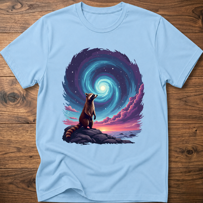Light blue crew-neck t-shirt with raccoon sitting before blue-purple galaxy swirl graphic