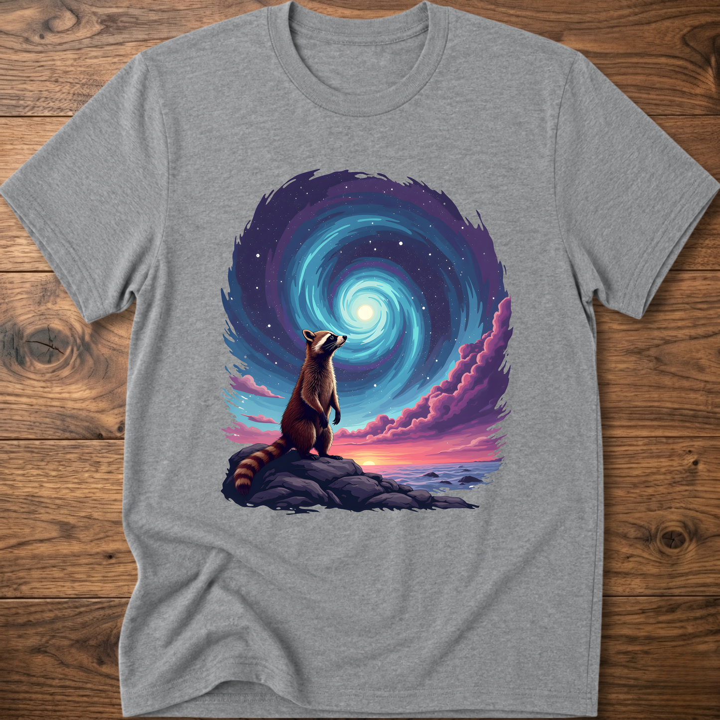 Light gray crew-neck t-shirt with raccoon sitting before blue-purple galaxy swirl graphic