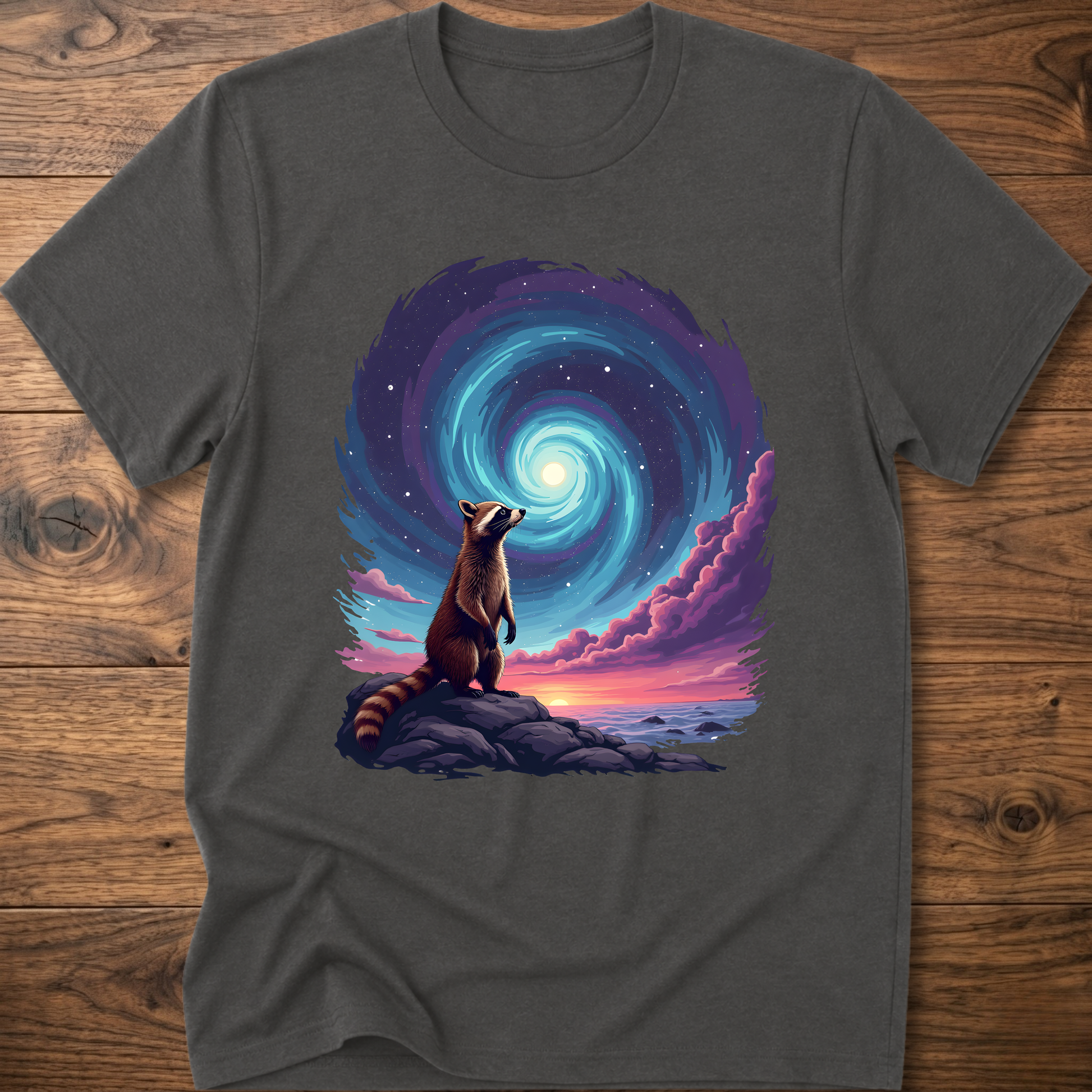 Dark gray heather crew-neck t-shirt with raccoon sitting before blue-purple galaxy swirl