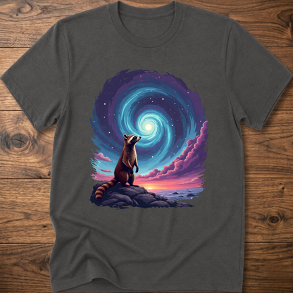 Dark gray heather crew-neck t-shirt with raccoon sitting before blue-purple galaxy swirl