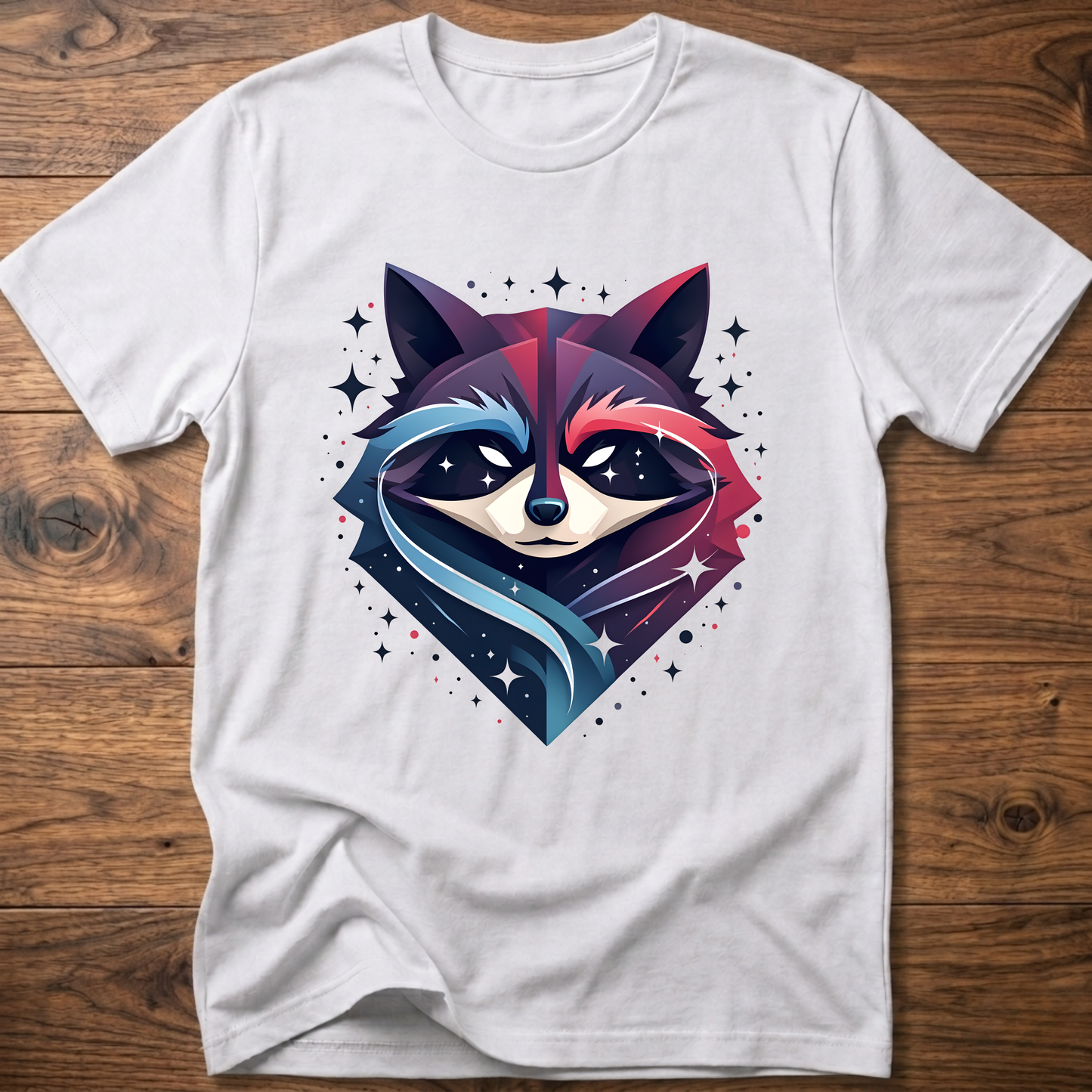 White T-shirt with starry raccoon head graphic and sparkly star accents